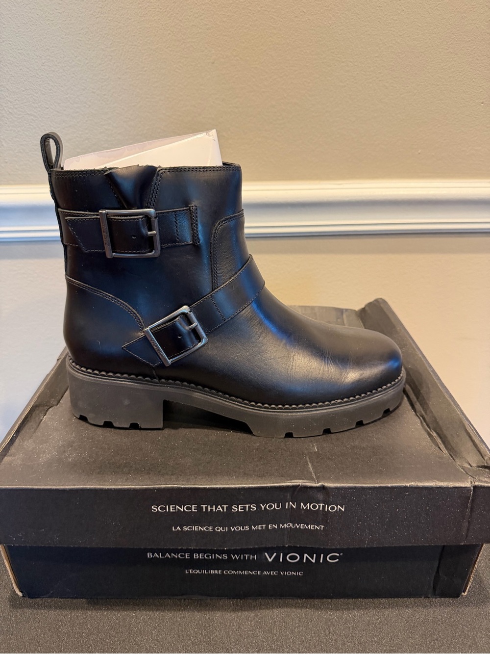 Vionic Black Leather Double-Buckle Ankle Booties